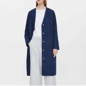 Cos V- Neck Button Down Long Denim Coat Pockets Relaxed Fit Lagenlook Size 2